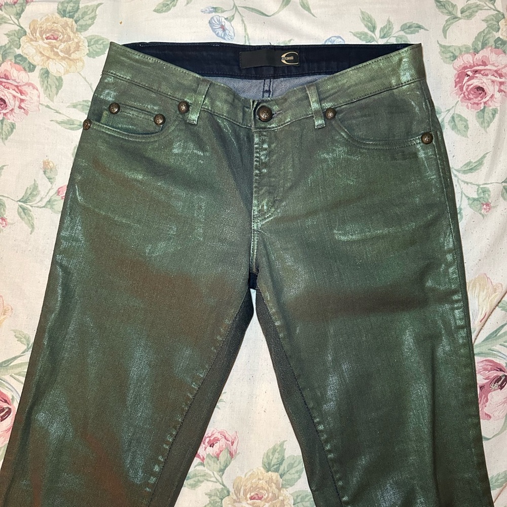 Roberto Cavalli green metallic leather jeans